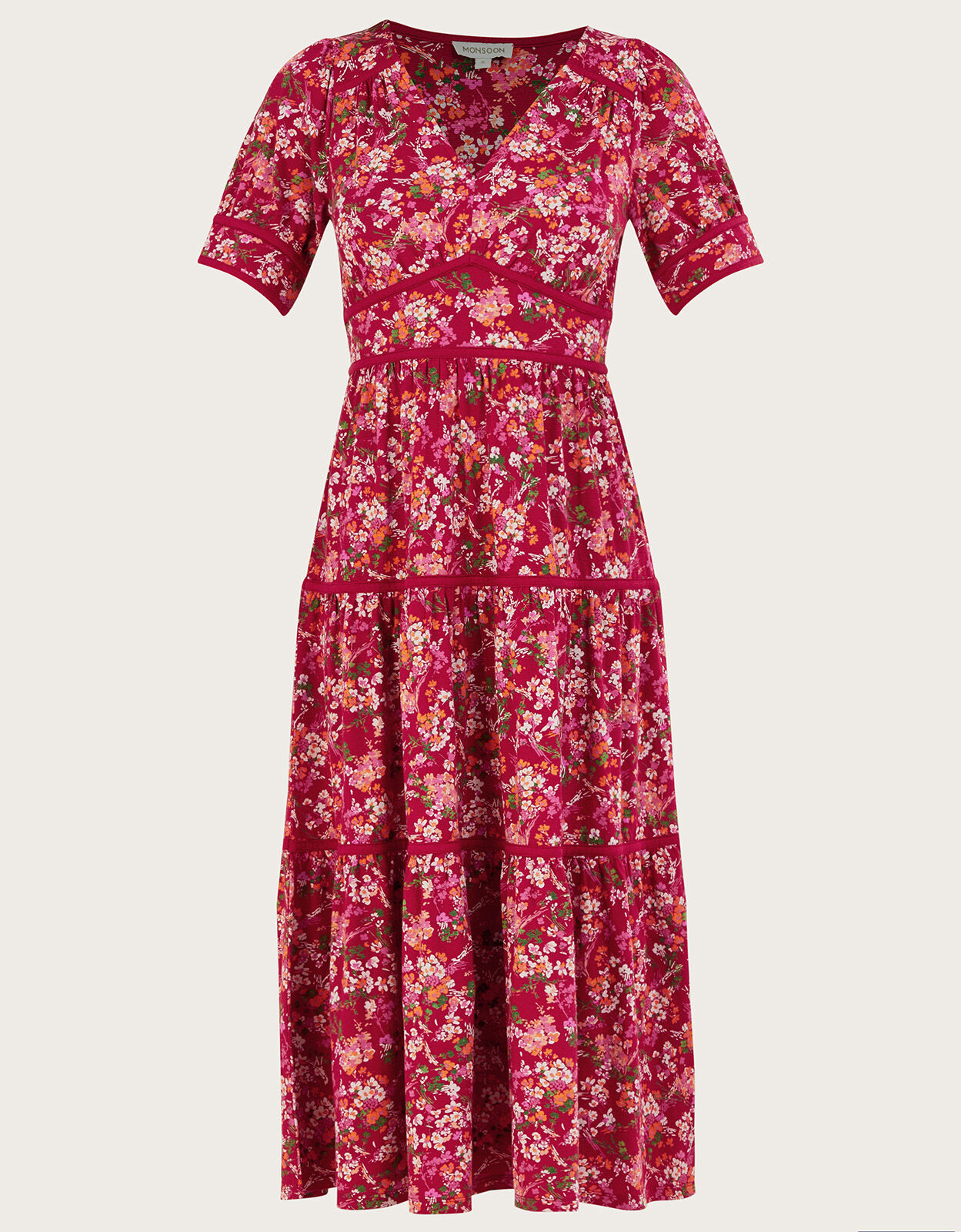 Red ditsy floral midi dress hotsell