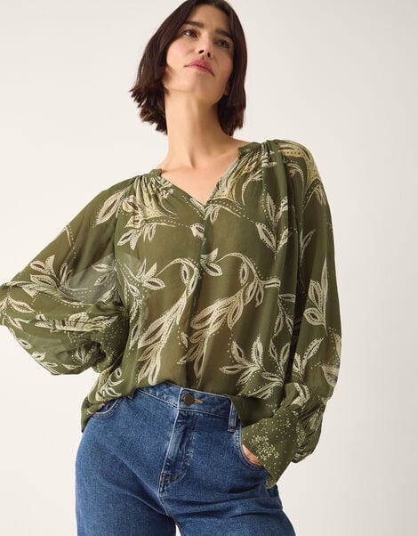 Leona Leaf Print Blouse, Green (KHAKI), large