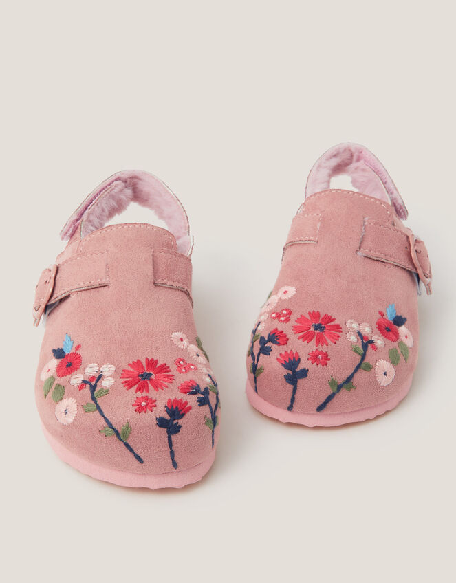 Faux Fur Floral Embroidered Clogs, Pink (PINK), large