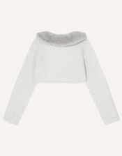 Sequin Faux Fur Collar Cardigan, Grey (GREY), large
