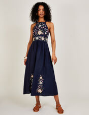 Leah Embroidered Midi Dress in Linen Blend , Blue (NAVY), large