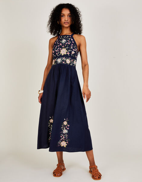 Leah Embroidered Midi Dress in Linen Blend , Blue (NAVY), large