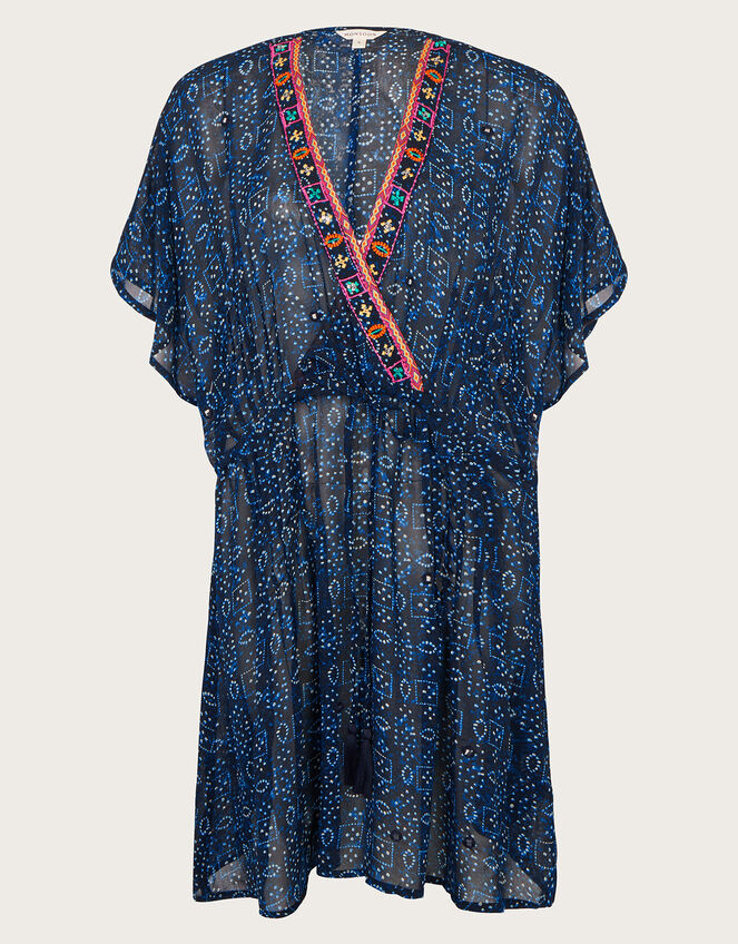 Print Embroidered Kaftan Dress, Blue (NAVY), large