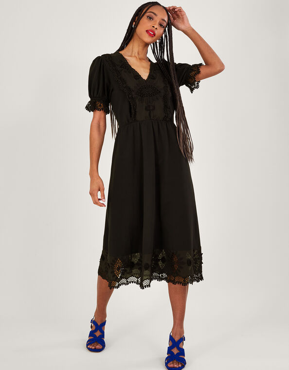 Jersey Crochet Trim Midi Dress Black, Black (BLACK), large