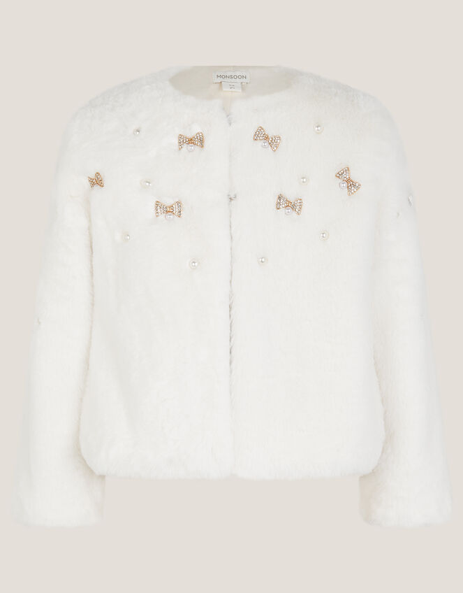 Embellished Faux Fur Coat, Ivory (IVORY), large