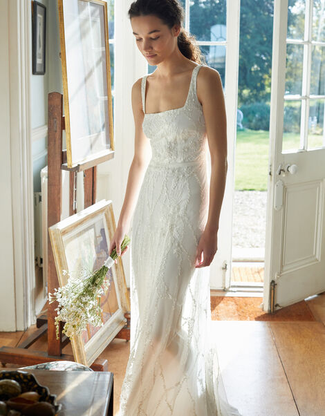 Embellished Square Neck Bridal Dress Ivory, Ivory (IVORY), large