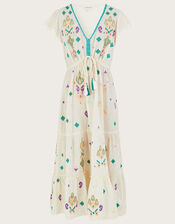 Flutter Sleeve Embroidered Maxi Dress, White (WHITE), large