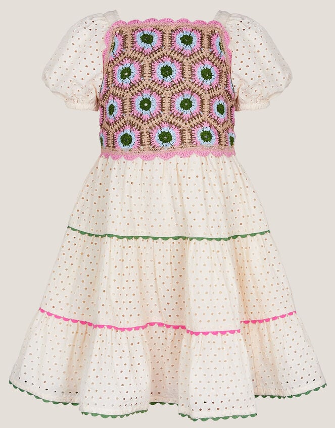Crochet Broderie Puff-Sleeve Dress, Ivory (IVORY), large