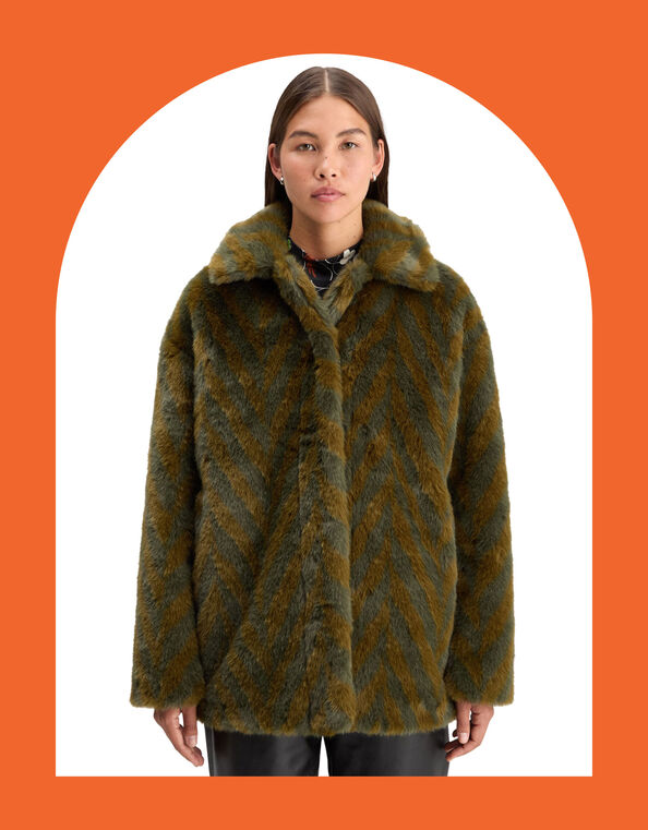 Scotch and Soda A-Line Chevron Faux Fur Coat, Green (OLIVE), large