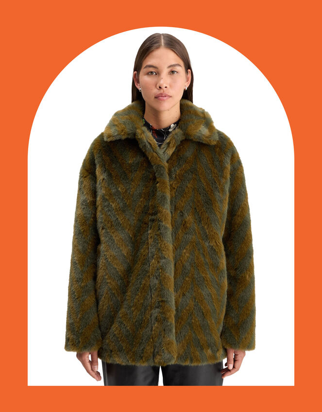 Scotch and Soda A-Line Chevron Faux Fur Coat, Green (OLIVE), large