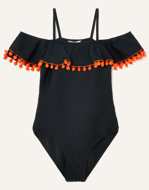 Textured Bardot Pom-Pom Swimsuit, Black (BLACK), large