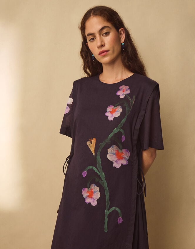 East Filipa Watercolour Floral Midi Dress, Blue (NAVY), large