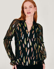 Fenna Sheer Feather Print Shirt, Black (BLACK), large