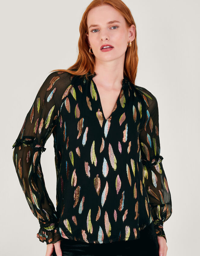 Fenna Sheer Feather Print Shirt, Black (BLACK), large