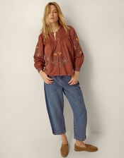 Sadie Embroidered Pintuck Blouse, Orange (RUST), large