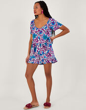 Fire Flower Ikat Print Short Sleeve Top in LENZING™ ECOVERO™, Blue (BLUE), large
