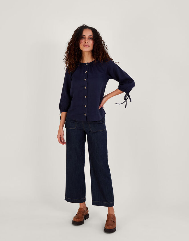 Tie Cuff Button Through Linen Blouse, Blue (BLUE), large