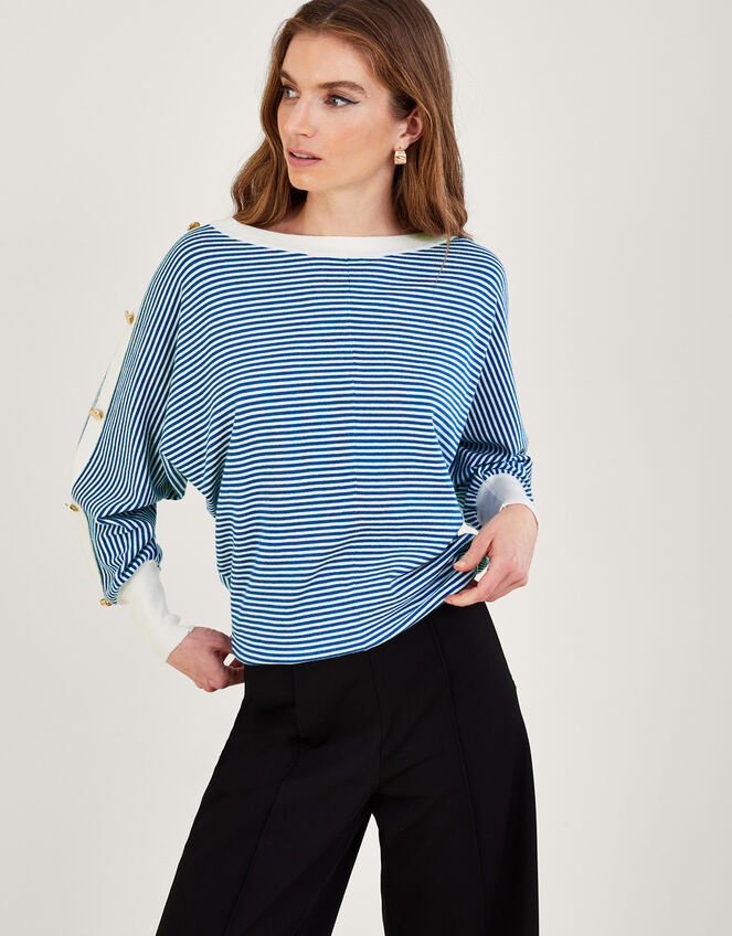Nautical Button Detail Stripe Button Jumper, Blue (BLUE), large