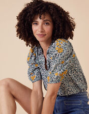 Ditsy Floral Embroidered Shirt in Sustainable Viscose, Ivory (IVORY), large