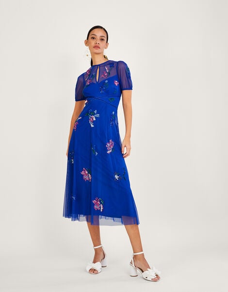 Phoebe Embellished Midi Dress in Recycled Polyester Blue, Blue (COBALT), large