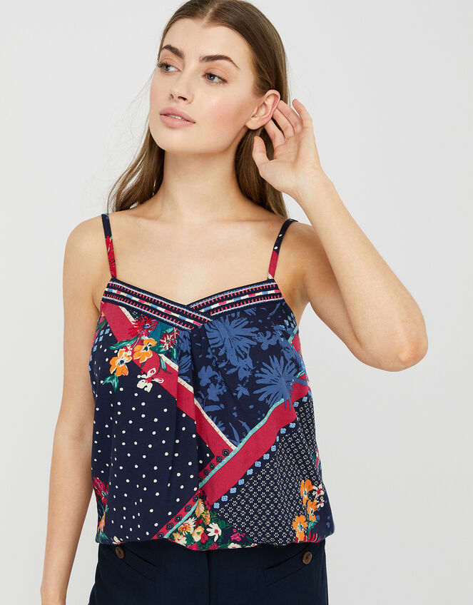 Grace Contrast Floral Print Cami in LENZING™ ECOVERO™, Blue (NAVY), large