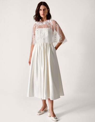 Celeste Floral Embellished Cape Satin Wedding Dress, Ivory (IVORY), large