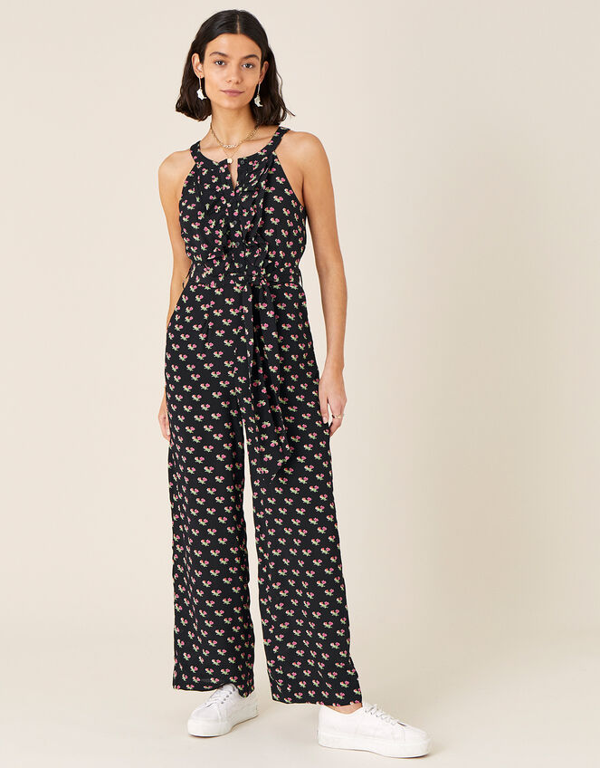 Floral Print Wide Leg Jumpsuit, Black (BLACK), large