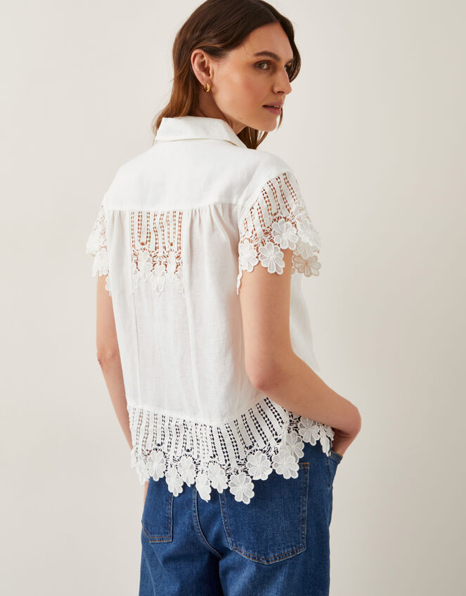 Lara Linen-Blend Short Sleeve Shirt, White (WHITE), large