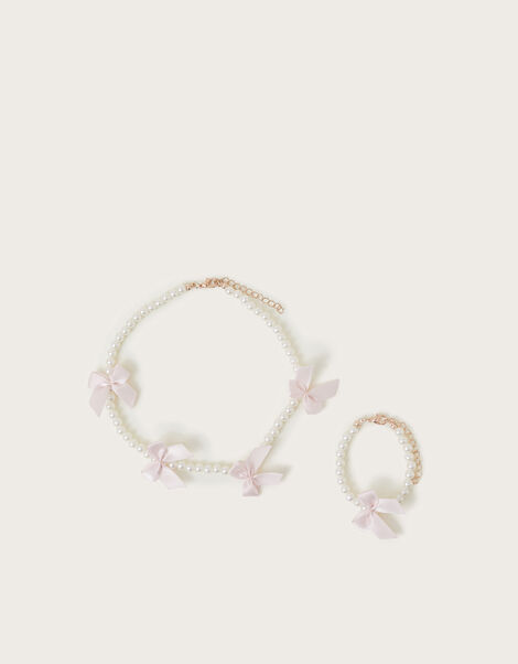 Carly Pearl Bow Necklace and Bracelet Set, , large