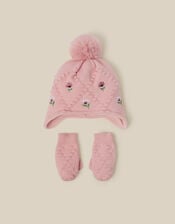 Baby Floral Trapper Hat & Mittens Set, Pink (PINK), large