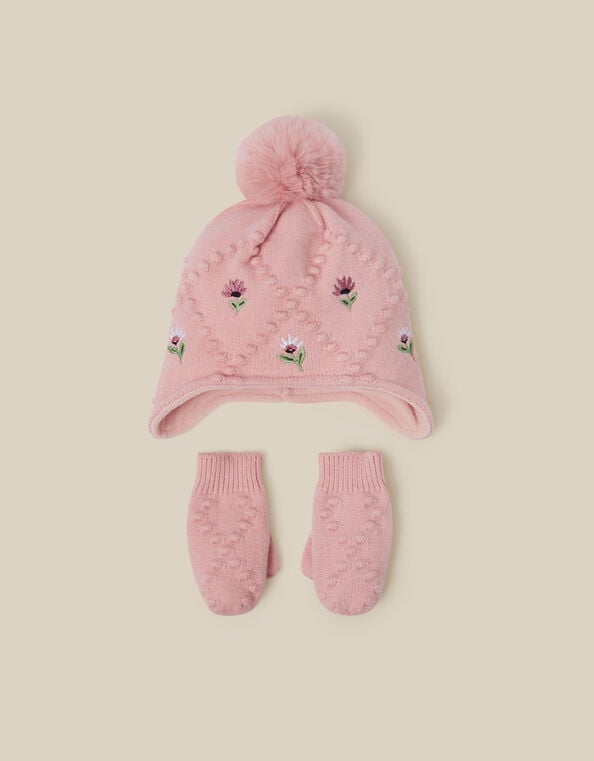 Baby Floral Trapper Hat & Mittens Set, Pink (PINK), large