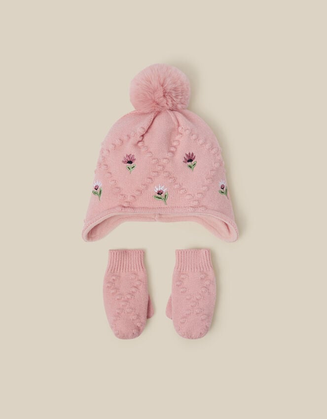 Baby Floral Trapper Hat & Mittens Set, Pink (PINK), large
