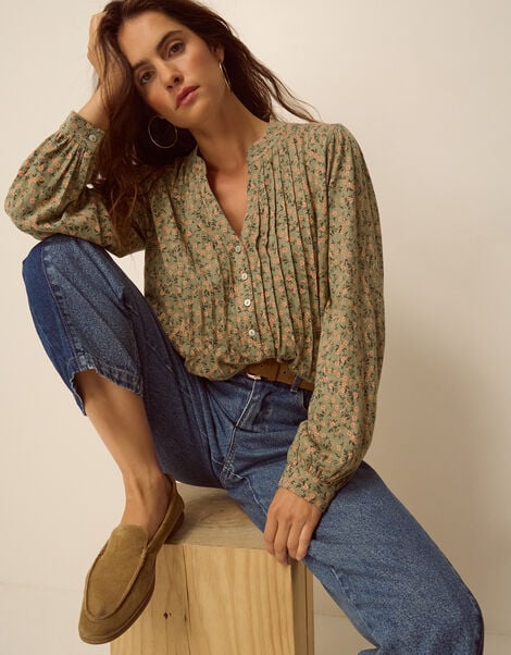 Deena Ditsy Floral Jersey Blouse, Green (GREEN), large