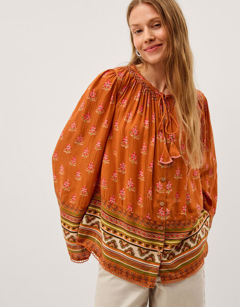 Amaya Floral Print Blouse, Orange (ORANGE), large
