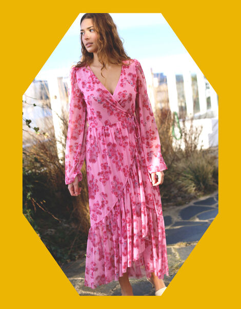 Crās Debbie Floral Mesh Wrap Dress, Pink (PINK), large