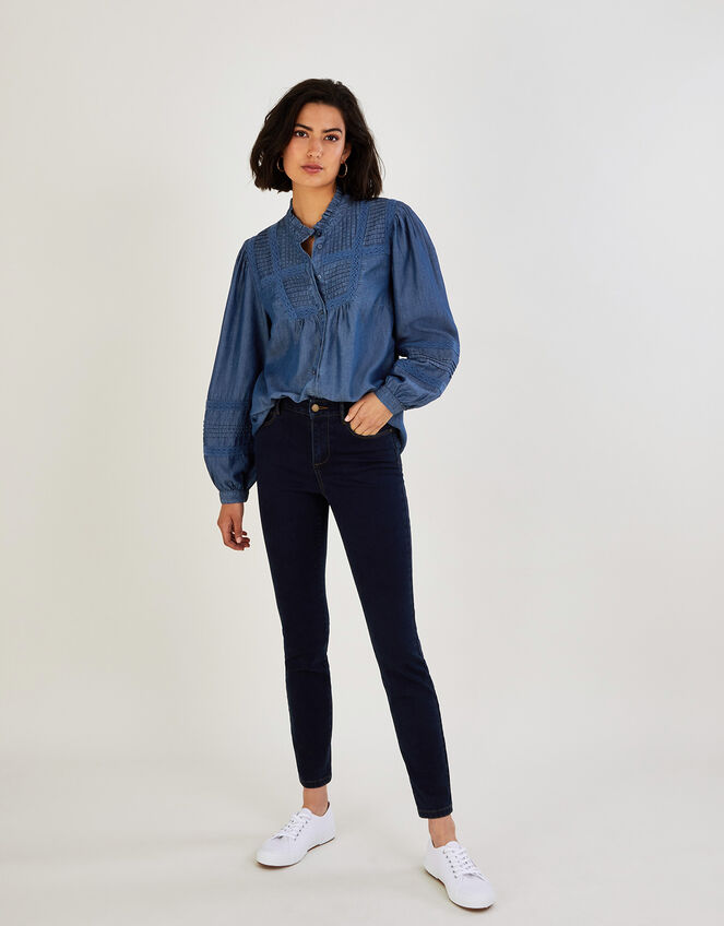 Lace Insert Denim Chambray Blouse, Blue (DENIM BLUE), large