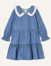 Chambray Tiered Collar Dress, Blue (BLUE), large
