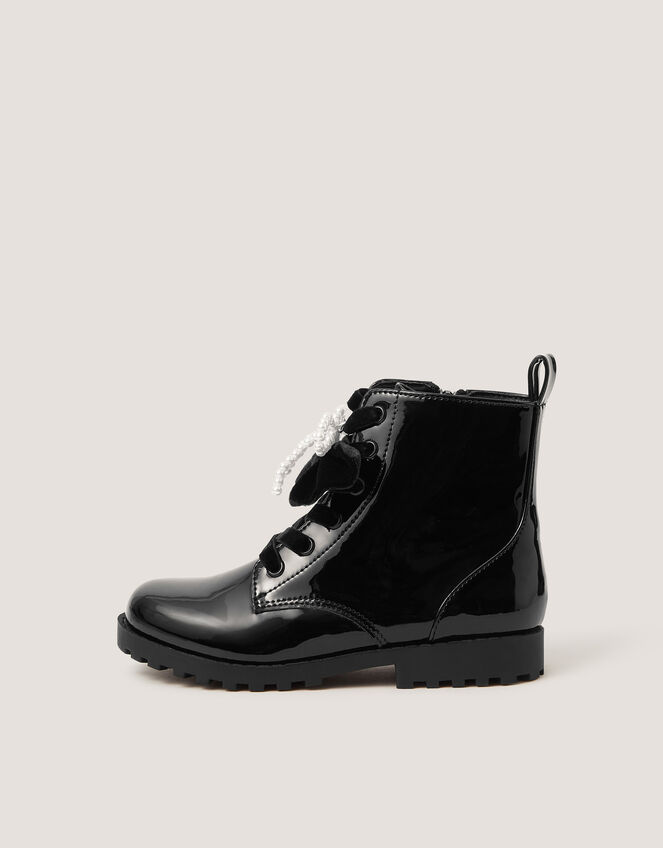 Bow Patent Lace-Up Boots, Black (BLACK), large