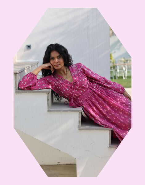 Dilli Grey Fifi Block Print Midi Dress, Pink (MAGENTA), large