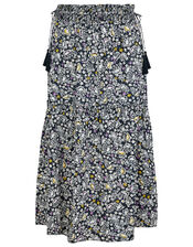 Floral Print Midi Skirt in Organic Cotton, Blue (NAVY), large