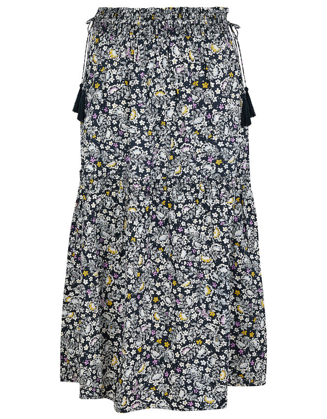 Floral Print Midi Skirt in Organic Cotton, Blue (NAVY), large