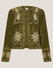 Magda Floral Embroidered Velvet Jacket, Green (KHAKI), large