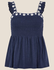 Simmi Floral Embroidered Shirred Top, Blue (NAVY), large