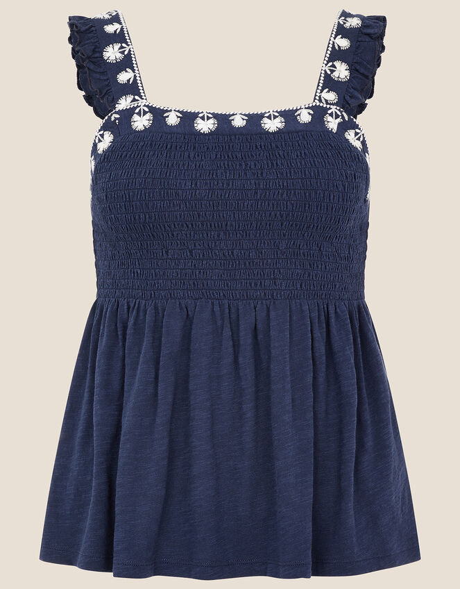 Simmi Floral Embroidered Shirred Top, Blue (NAVY), large