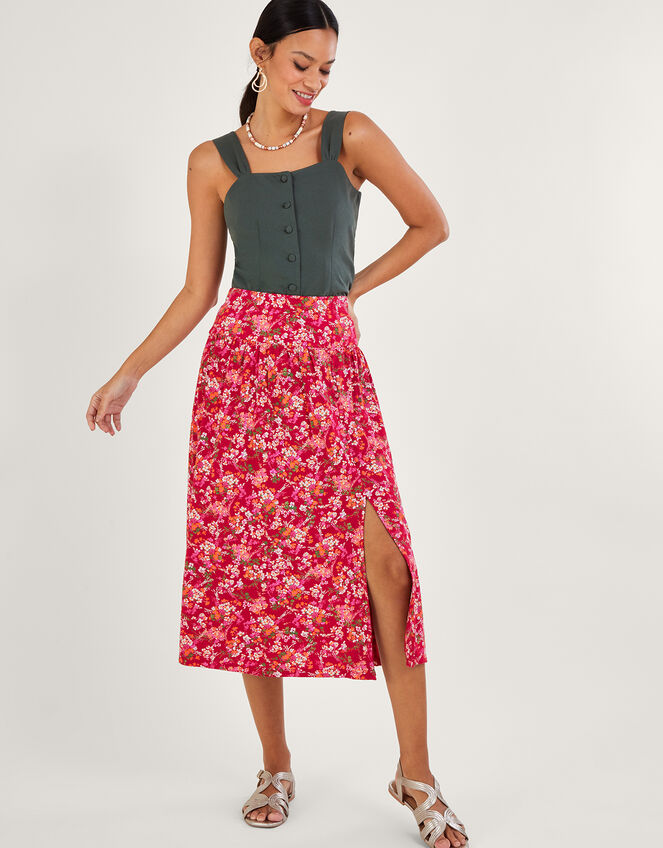 Ditsy Floral Print Skirt in Linen Blend, Red (RED), large