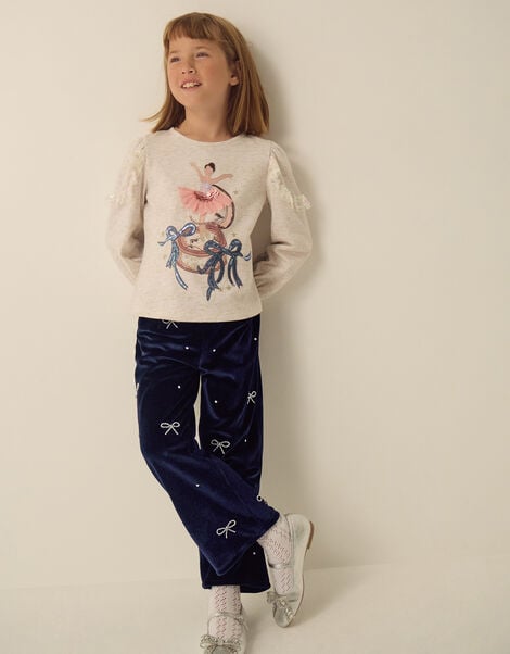Bow Embellished Velour Trousers, Blue (NAVY), large