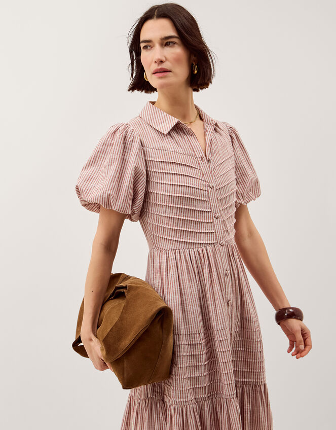 Winnie Puff Sleeve Stripe Midi Dress, Brown (CHOCOLATE), large