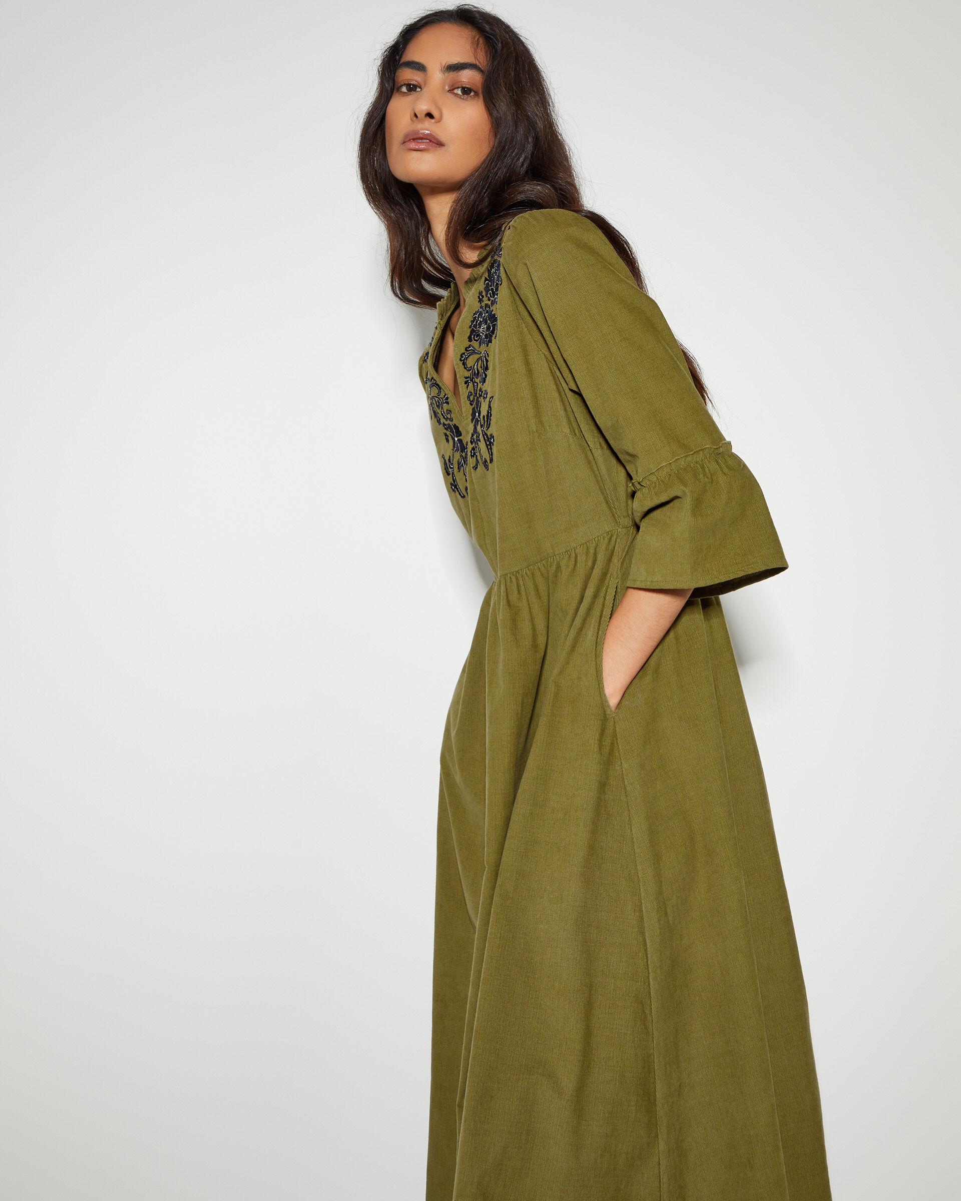 Olive green embroidered dress top