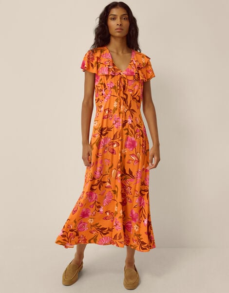 Leila Floral Print Midi Dress, Orange (ORANGE), large