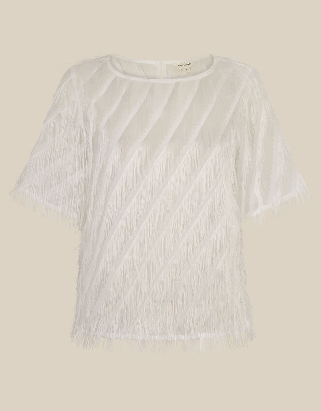 Fadia Short Sleeve Fringe Top, Ivory (IVORY), large